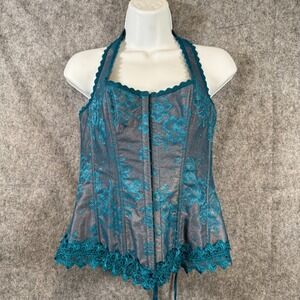 Fredericks of Hollywood Corset 38 Lace Halter Top Romantic Pinup Y2K Teal Blue